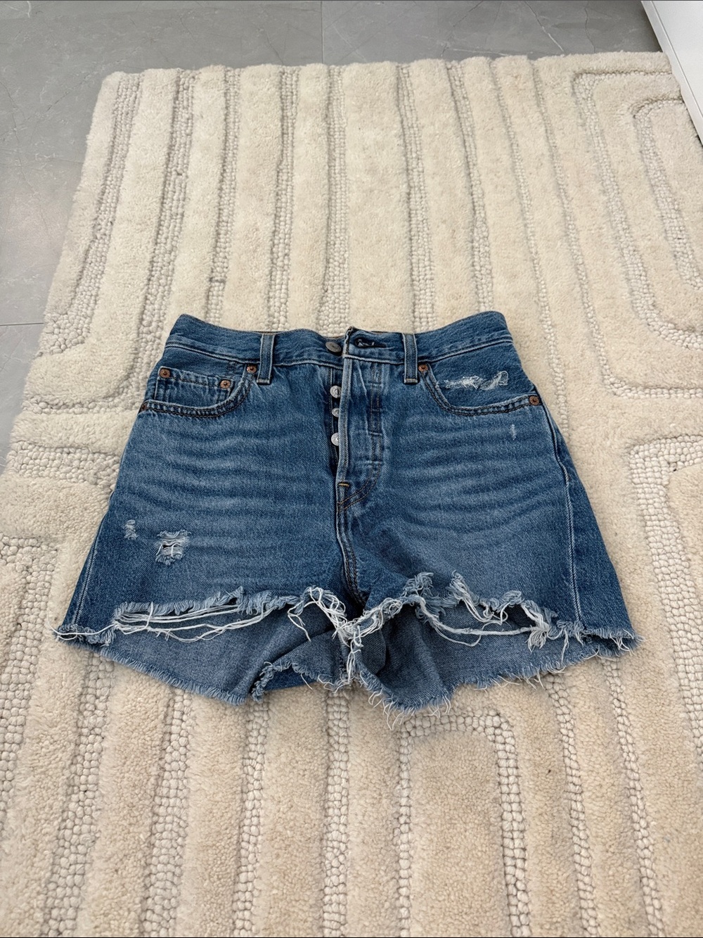 Levi's Ribcage Medium Blue Distressed Denim Shorts